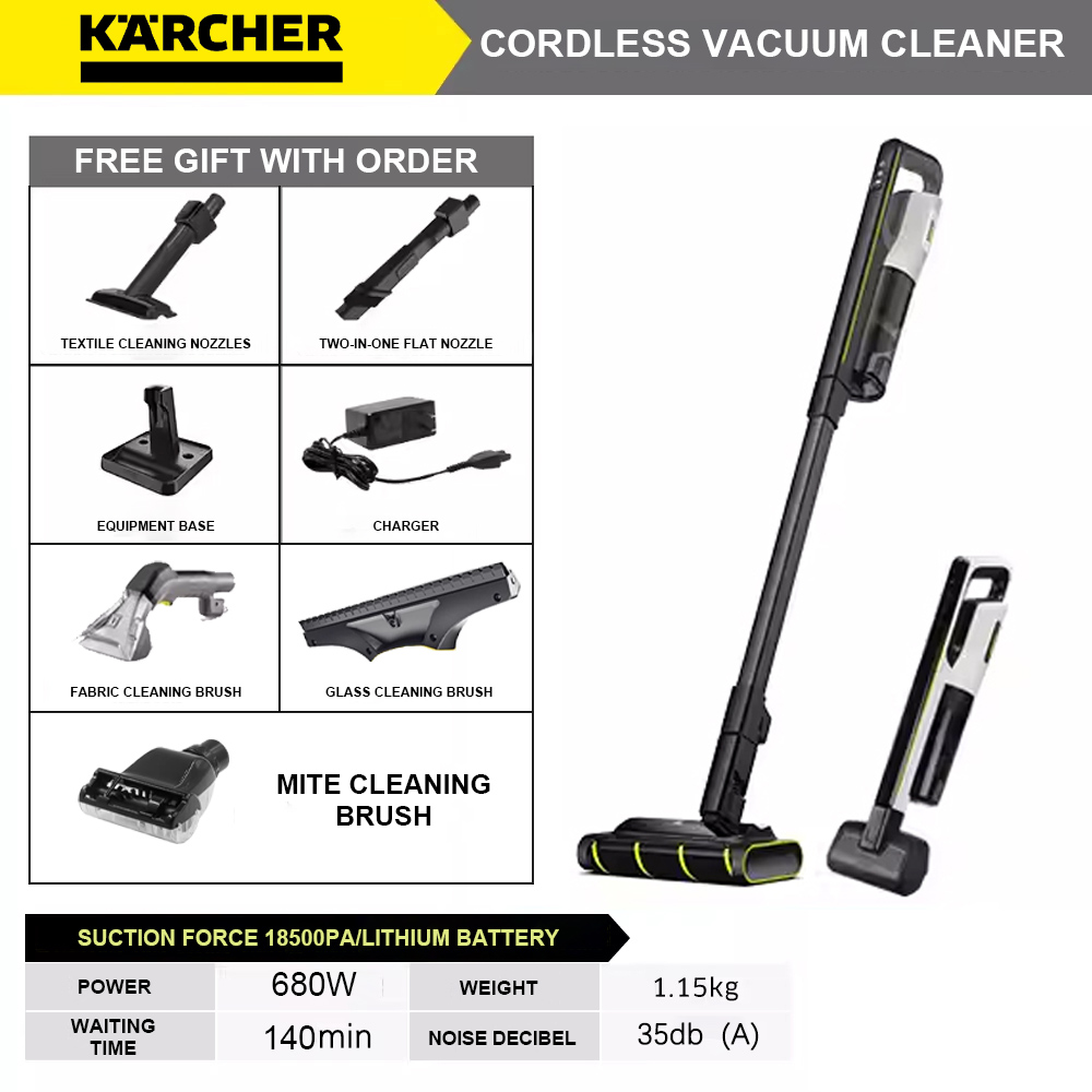 Aspirador sem fios Karcher + alta potência 60000 rpm + alta potência de aspiração 18500pa + assistente de voz Al + ligação de APP móvel + auto-limpeza + escova para fendas + duas cabeças de aspiração planas ao mesmo tempo + escova rotativa substituível e cotonete * 1 + líquido de limpeza * 1 carregador + suporte de carregamento + escova de limpeza